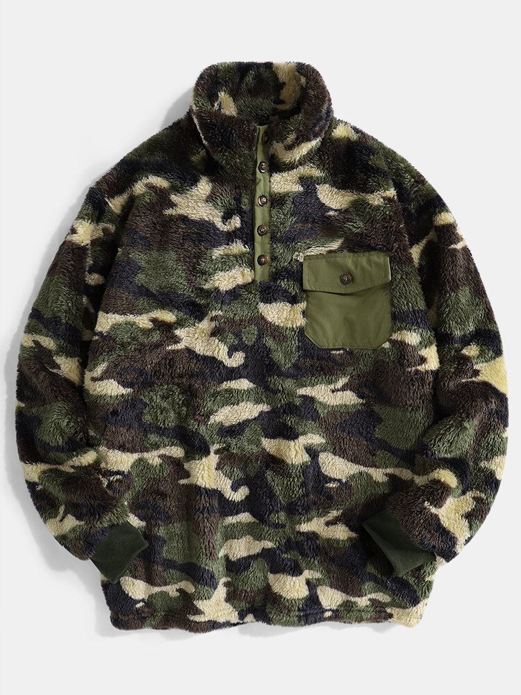 Herre Camo Halv Knap Stand Krave Fluffy Plys Varm Pullover Sweatshirts