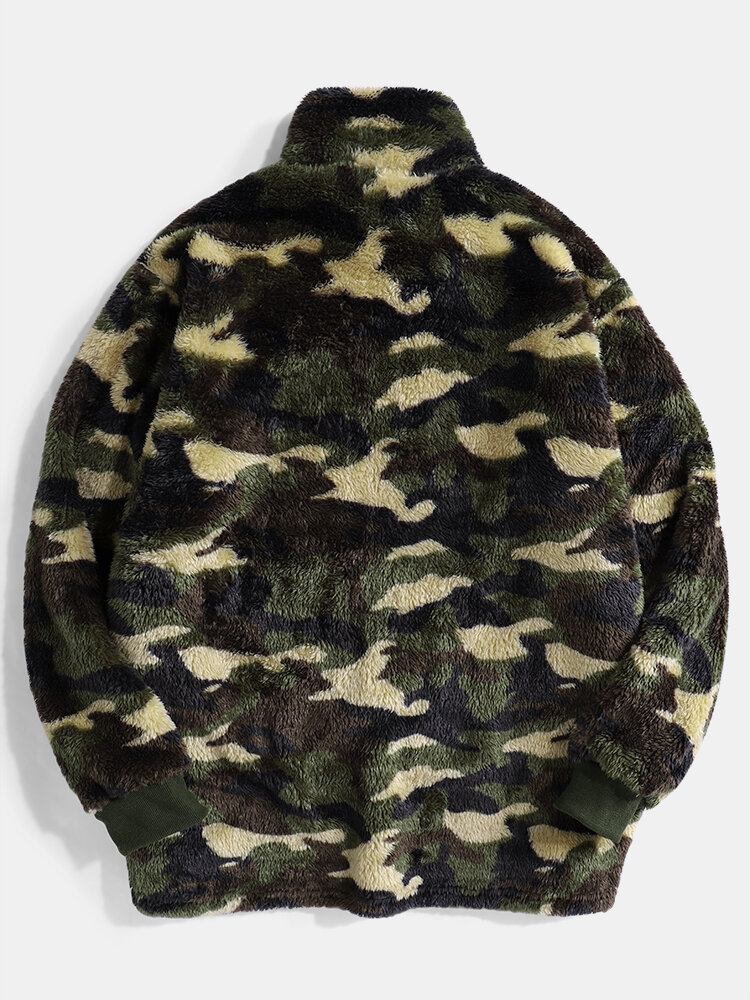 Herre Camo Halv Knap Stand Krave Fluffy Plys Varm Pullover Sweatshirts