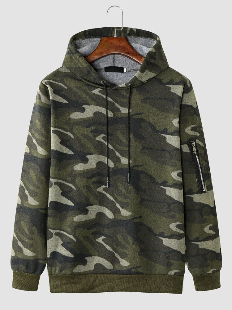 Herre Camo Print Lynlås Snøre Bodycorn Hem Casual Hættetrøje