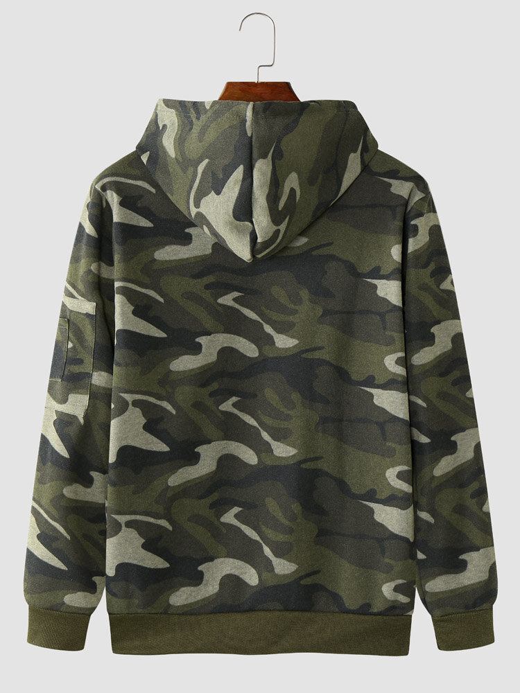 Herre Camo Print Lynlås Snøre Bodycorn Hem Casual Hættetrøje