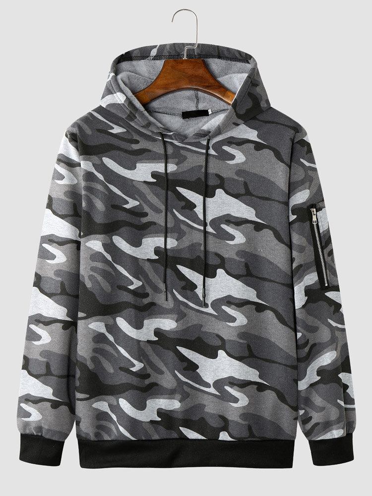 Herre Camo Print Lynlås Snøre Bodycorn Hem Casual Hættetrøje