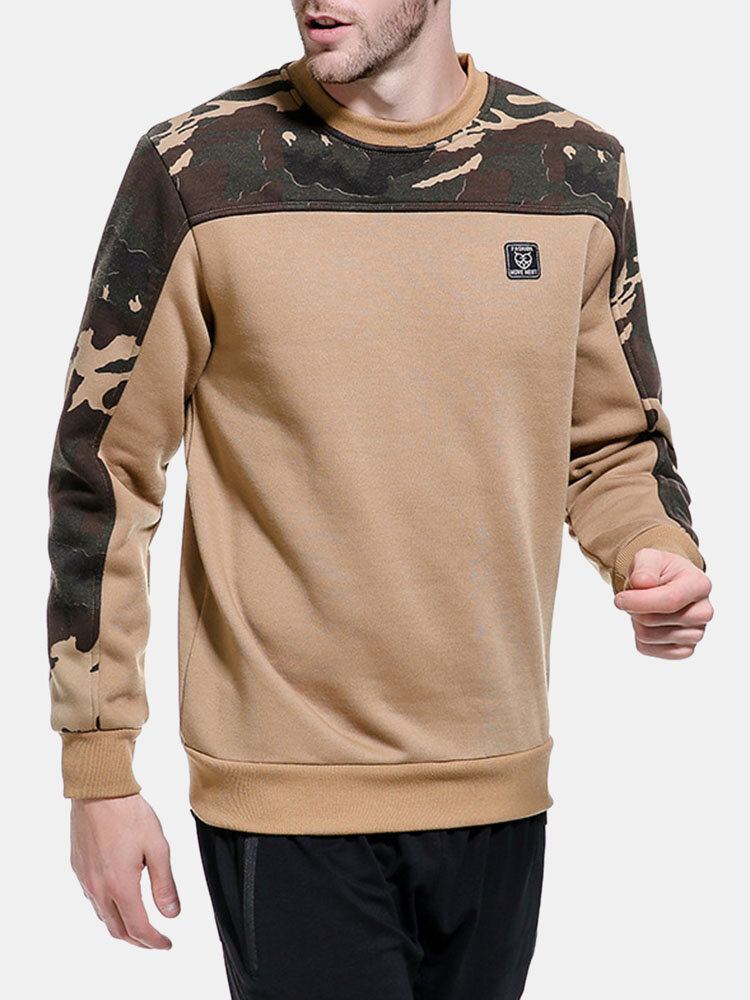 Herre Camo Print Patchwork Applique Bodycorn Hem Pullover Sweatshirt