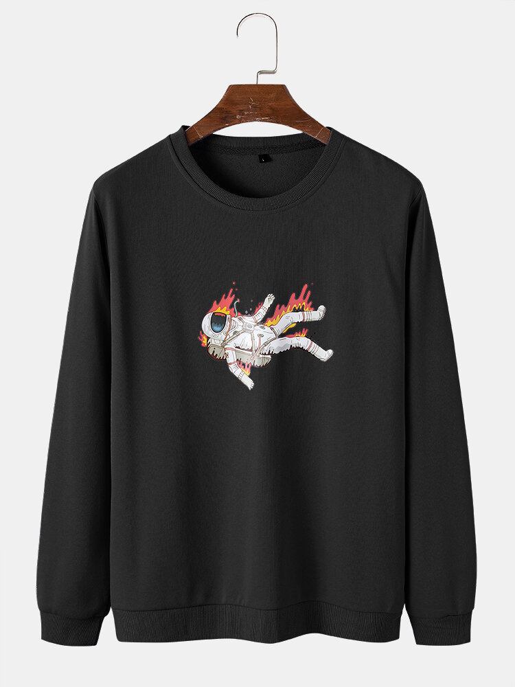 Herre Flame Astronaut Grafisk Rundhalset Bomuldstrøje Sweatshirts