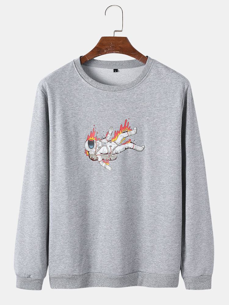 Herre Flame Astronaut Grafisk Rundhalset Bomuldstrøje Sweatshirts