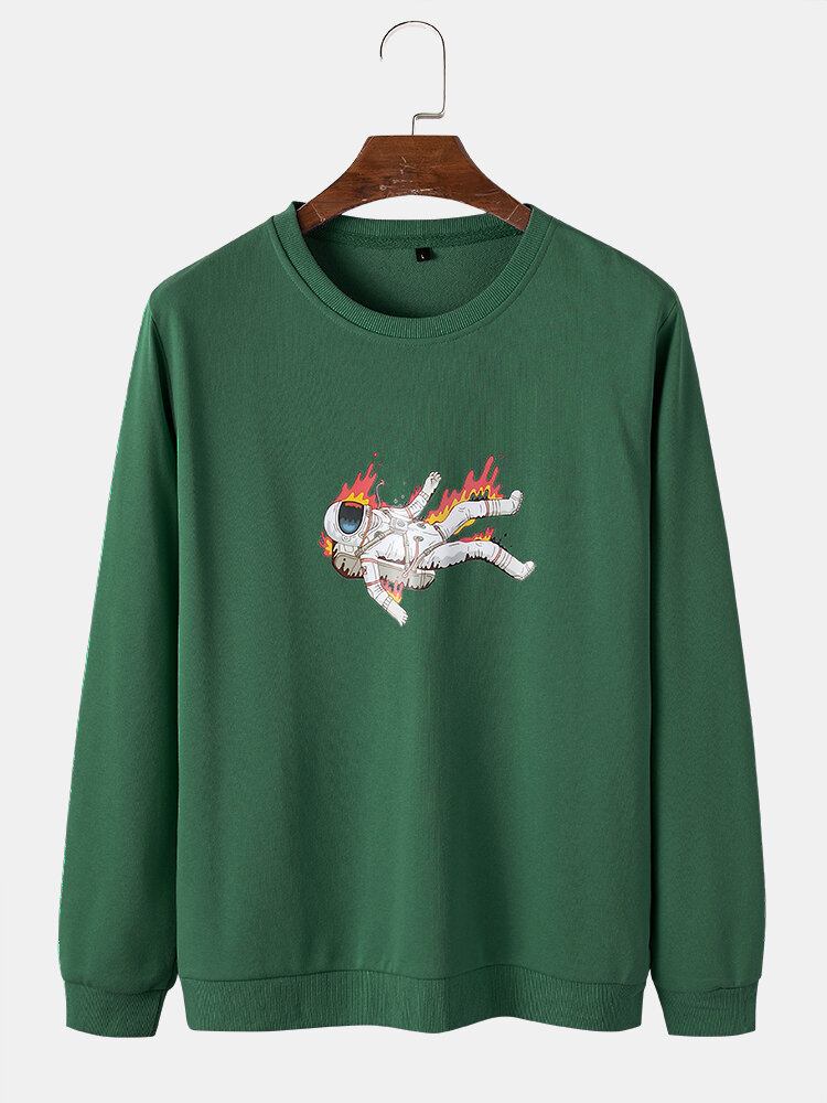 Herre Flame Astronaut Grafisk Rundhalset Bomuldstrøje Sweatshirts