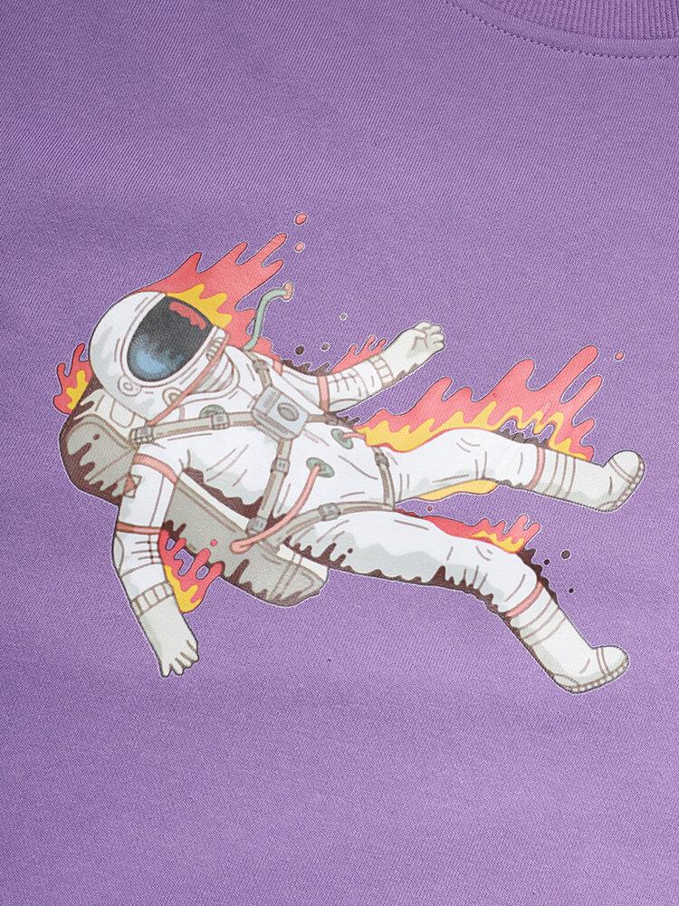 Herre Flame Astronaut Grafisk Rundhalset Bomuldstrøje Sweatshirts