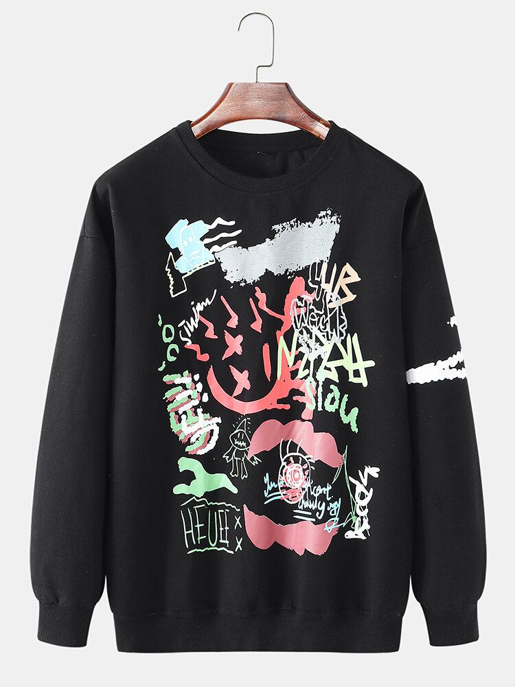 Herre Graffiti Print Rund Hals Bomuld Drop Skulder Sweatshirts