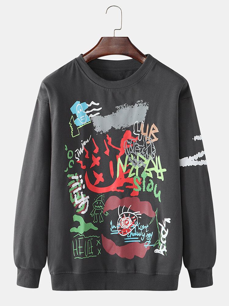 Herre Graffiti Print Rund Hals Bomuld Drop Skulder Sweatshirts