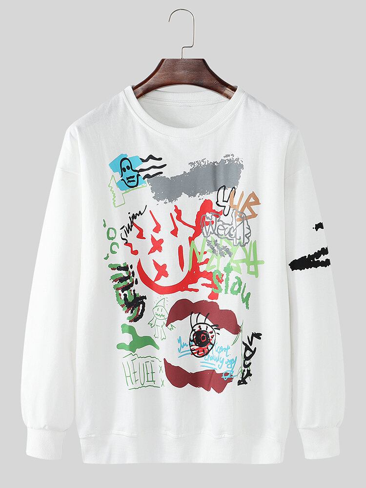 Herre Graffiti Print Rund Hals Bomuld Drop Skulder Sweatshirts