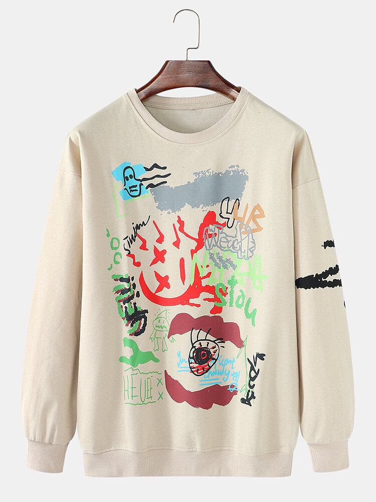 Herre Graffiti Print Rund Hals Bomuld Drop Skulder Sweatshirts