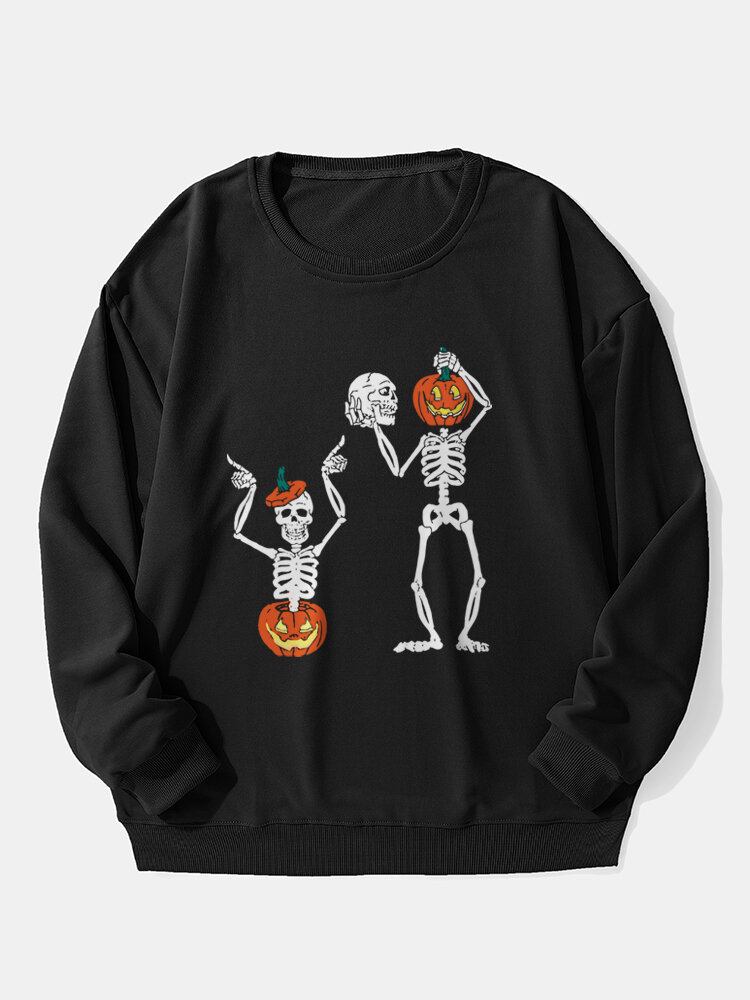 Herre Halloween Græskar Skull Sweatshirt Med Rund Hals