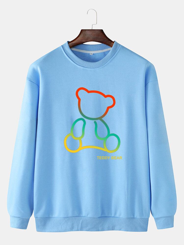 Herre Ombre Teddy Bear Print Rundhalset Bomuld Pullover Sweatshirts