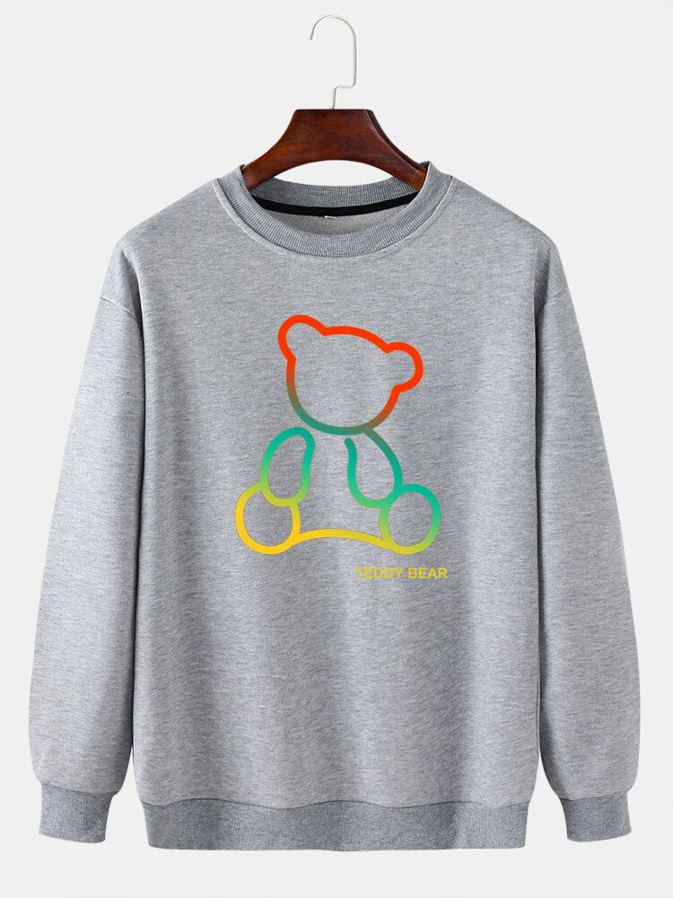 Herre Ombre Teddy Bear Print Rundhalset Bomuld Pullover Sweatshirts