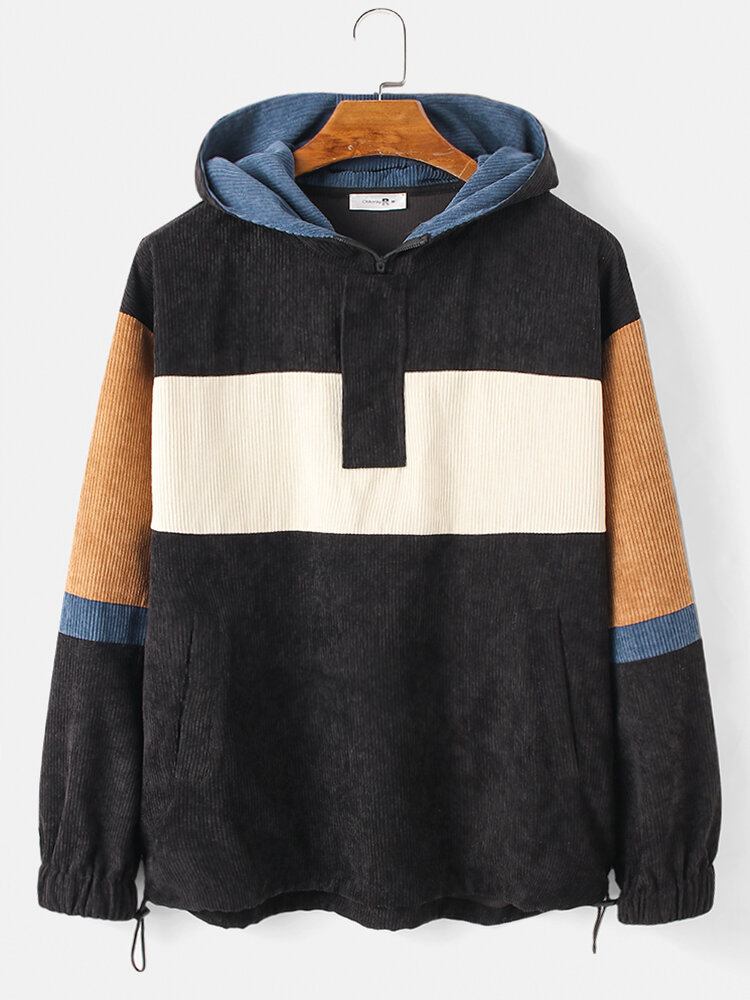 Herre Patchwork Corduroy Drop Skulder Casual Hættetrøjer Med Lomme