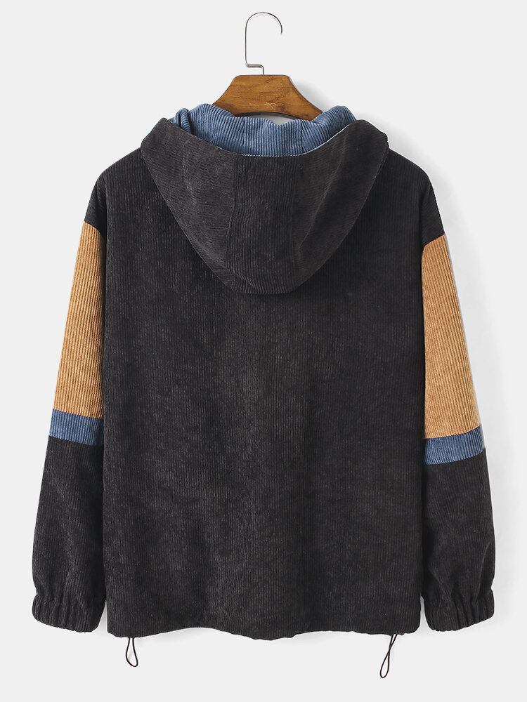 Herre Patchwork Corduroy Drop Skulder Casual Hættetrøjer Med Lomme