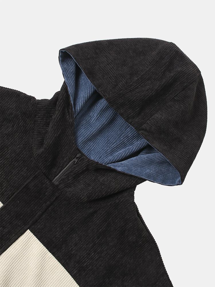 Herre Patchwork Corduroy Drop Skulder Casual Hættetrøjer Med Lomme