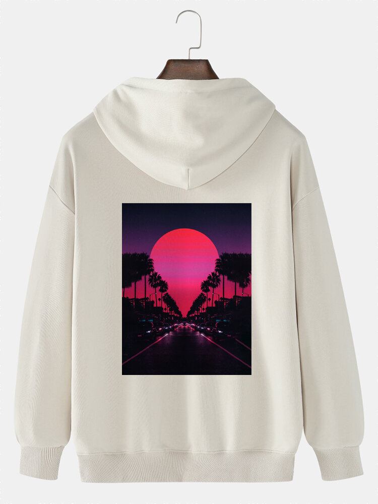 Herre Solnedgang Scenery Grafisk Rygtryk Solid Bomuld Casual Pullover Hættetrøje