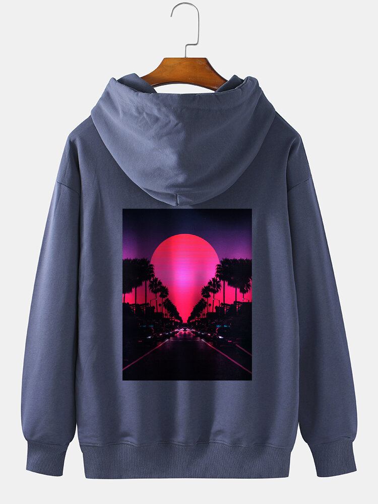 Herre Solnedgang Scenery Grafisk Rygtryk Solid Bomuld Casual Pullover Hættetrøje