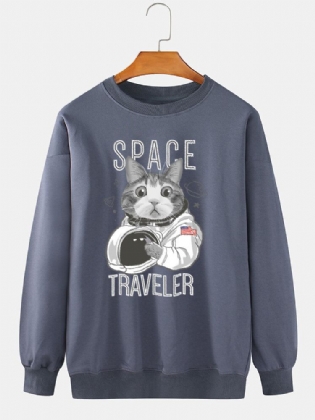 Herre Space Cat Grafisk Tryk Rundhals Daglig Pullover Bomuld Sweatshirt