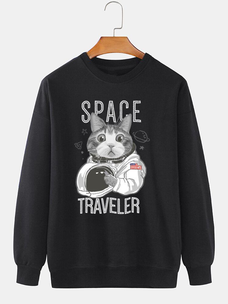 Herre Space Cat Grafisk Tryk Rundhals Daglig Pullover Bomuld Sweatshirt