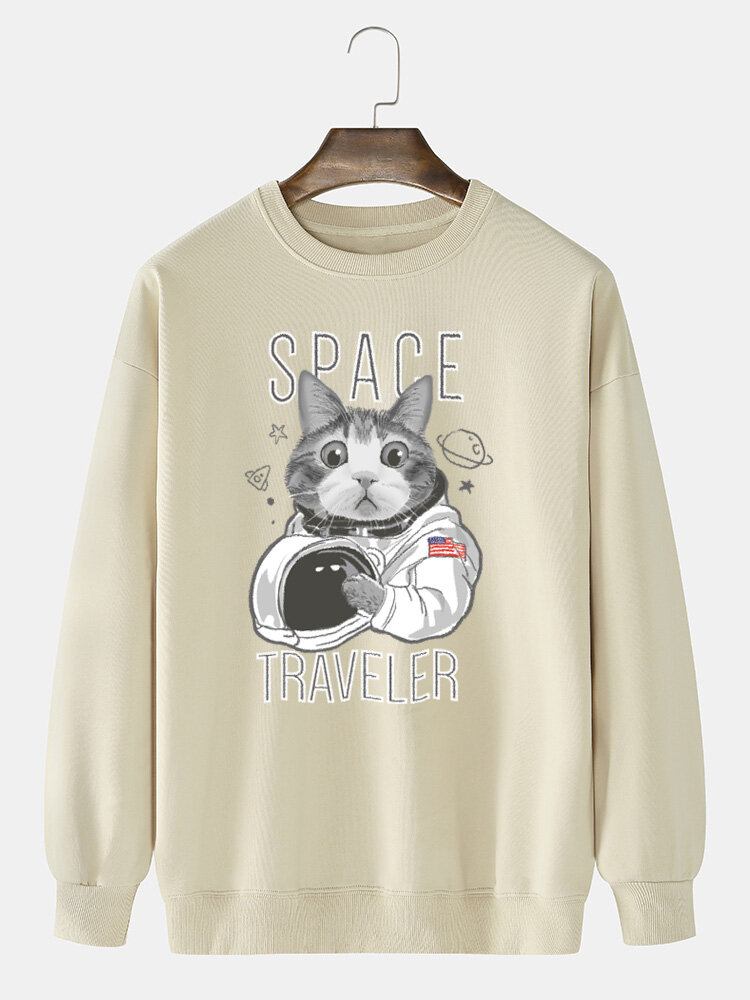 Herre Space Cat Grafisk Tryk Rundhals Daglig Pullover Bomuld Sweatshirt