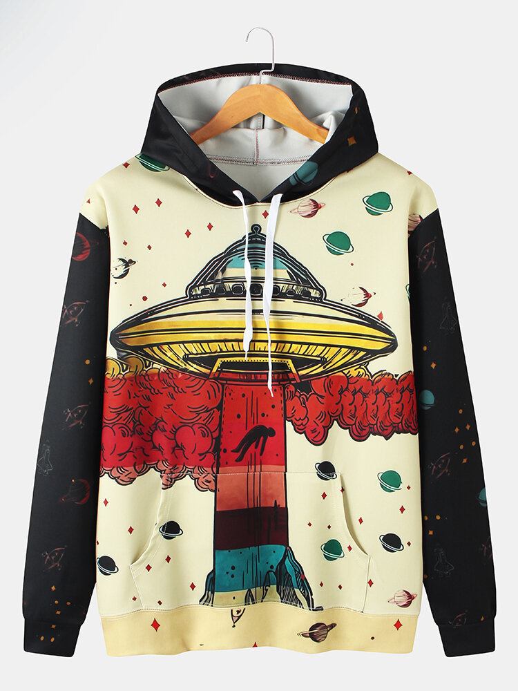 Herre Ufo Planet Graffiti Print Kangaroo Pocket Design Hættetrøjer