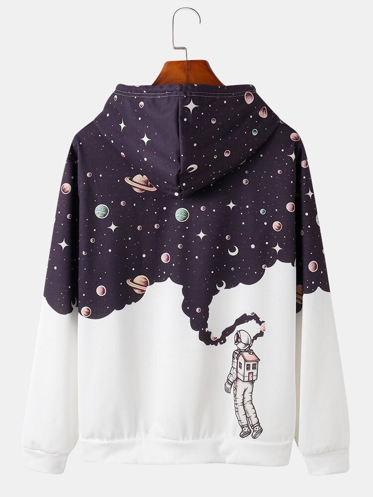 Herredesign Astronaut Galaxy Print Langærmede Hættetrøjer Med Lomme