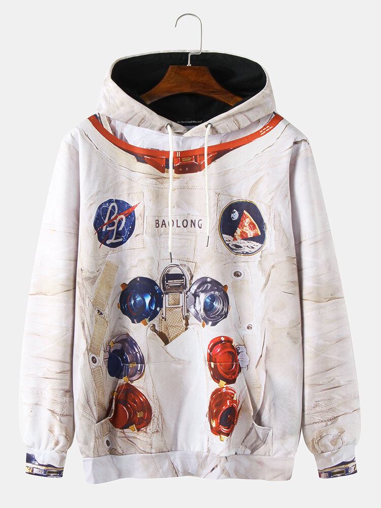 Herredesign Astronaut Print Kængurulomme Langærmede Casual Hættetrøjer