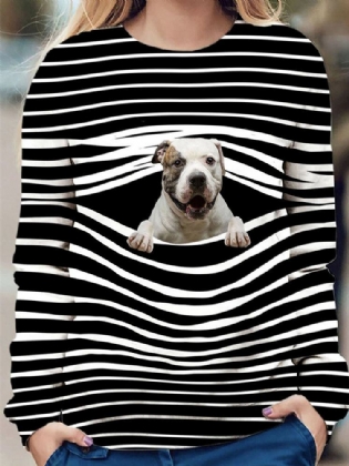 Kvinder 3d Hunde Stripe Print O-hals Pullover Casual Sweatshirts