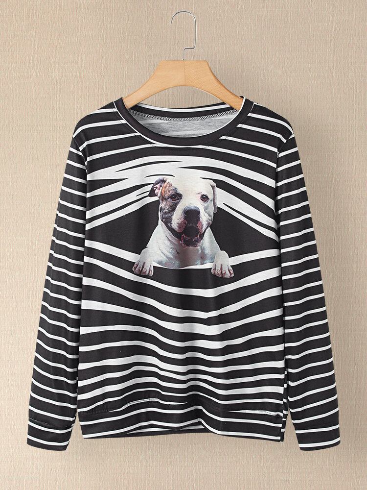 Kvinder 3d Hunde Stripe Print O-hals Pullover Casual Sweatshirts