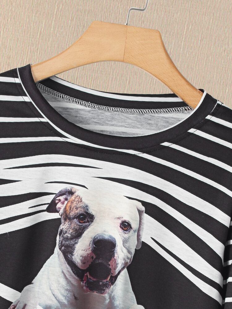 Kvinder 3d Hunde Stripe Print O-hals Pullover Casual Sweatshirts