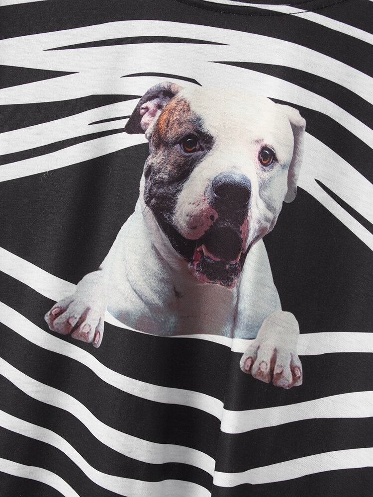 Kvinder 3d Hunde Stripe Print O-hals Pullover Casual Sweatshirts