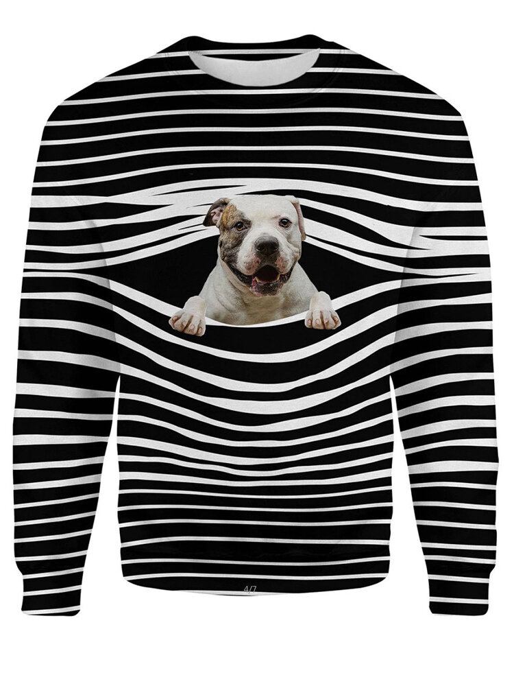 Kvinder 3d Hunde Stripe Print O-hals Pullover Casual Sweatshirts