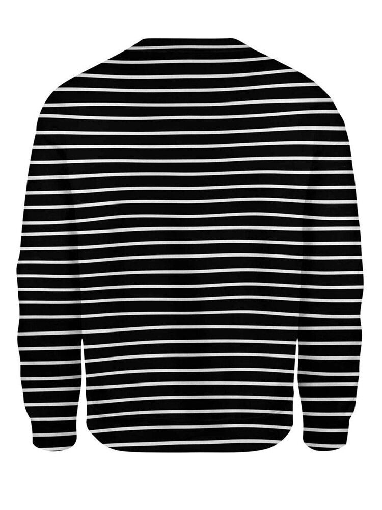 Kvinder 3d Hunde Stripe Print O-hals Pullover Casual Sweatshirts