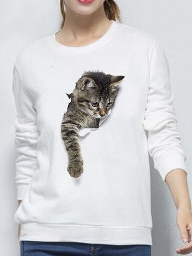 Kvinder 3d Sød Lille Kat Print Rund Hals Afslappet Enkel Langærmet Trøje Sweatshirt