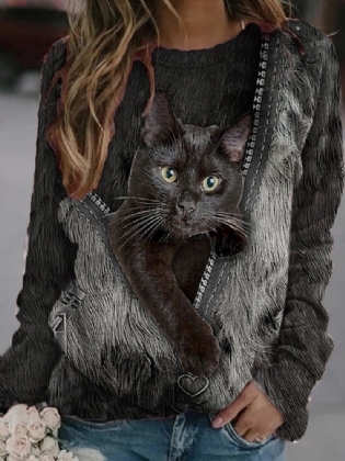 Kvinder Black Cat Print Langærmede O-hals Casual Sweatshirt