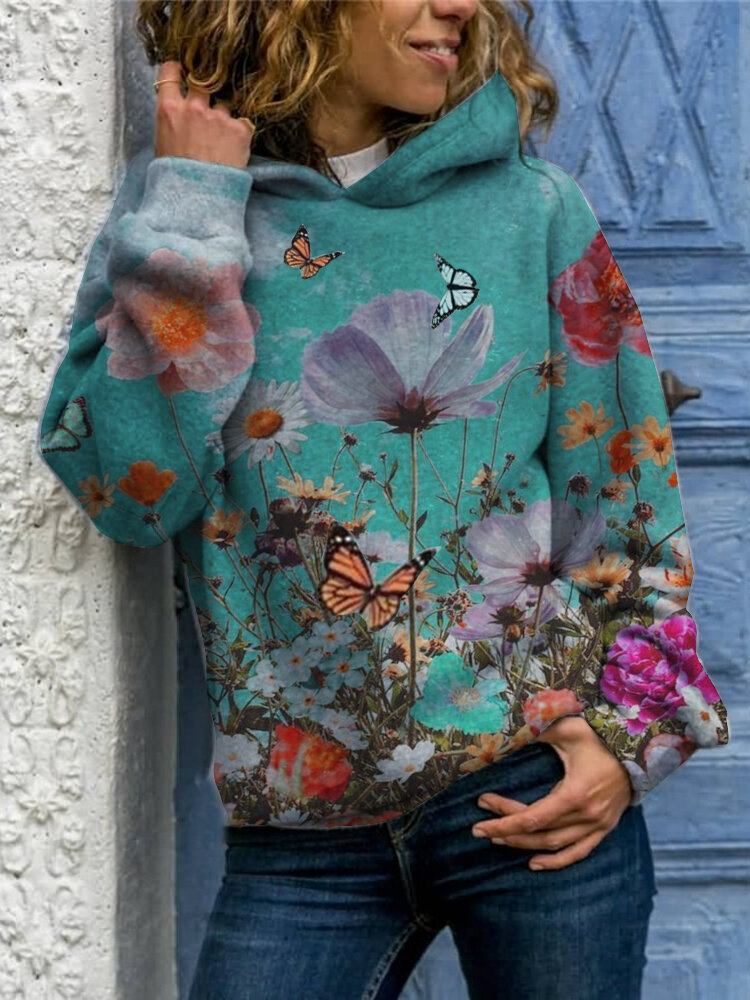 Kvinder Butterfly Flower Print Langærmet Casual Pullover Hættetrøjer