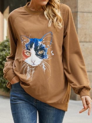 Kvinder Cat Print Ensfarvet Rundhalset Casual Løs Pullover Sweatshirt