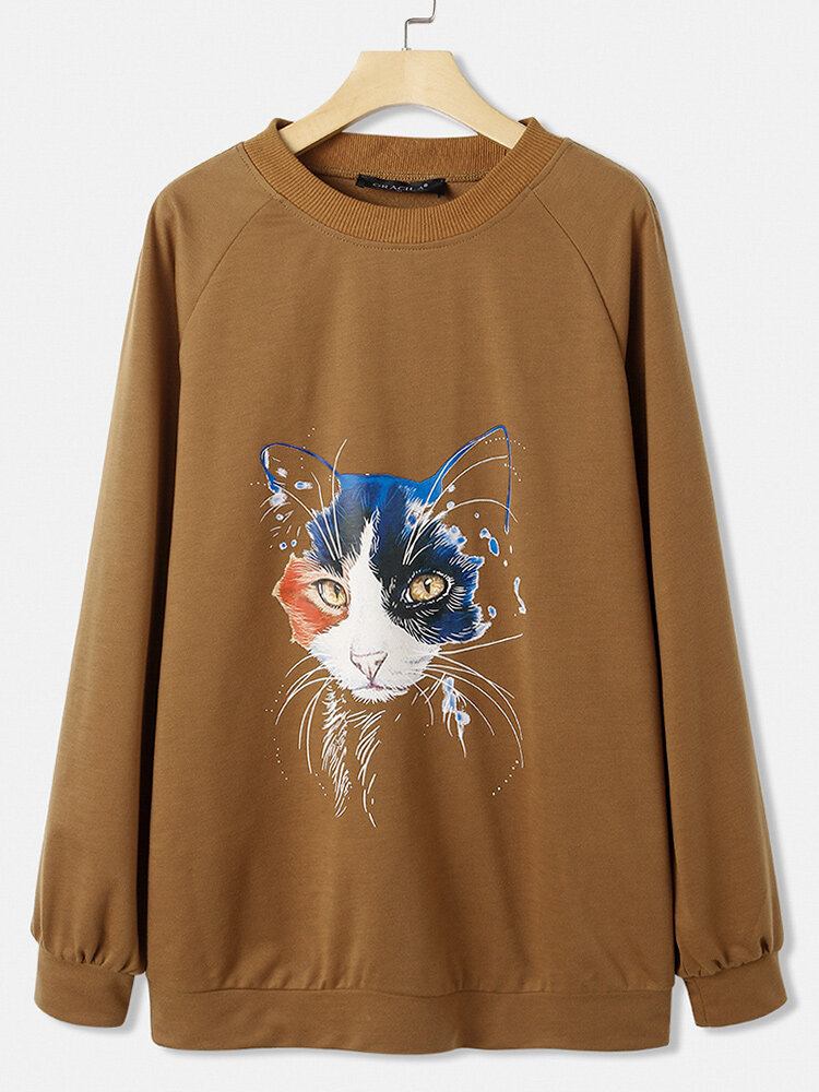 Kvinder Cat Print Ensfarvet Rundhalset Casual Løs Pullover Sweatshirt