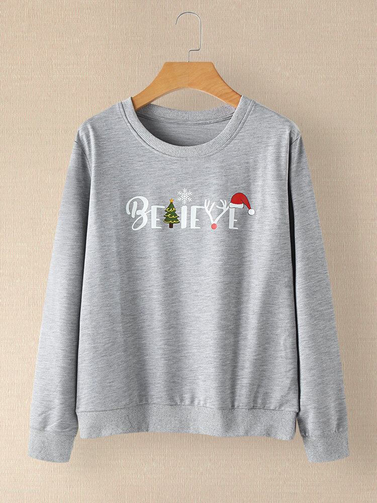 Kvinder Christmas Style Brevtryk Langærmet Pullover Sweatshirts