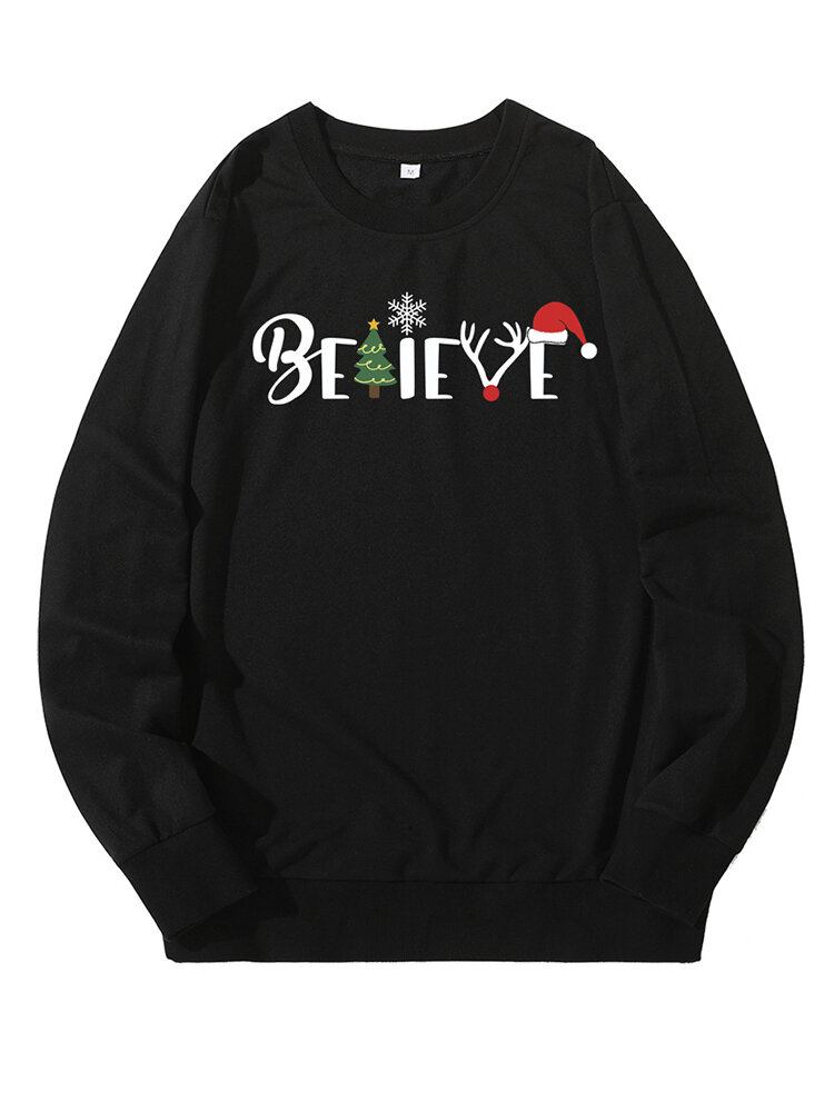 Kvinder Christmas Style Brevtryk Langærmet Pullover Sweatshirts