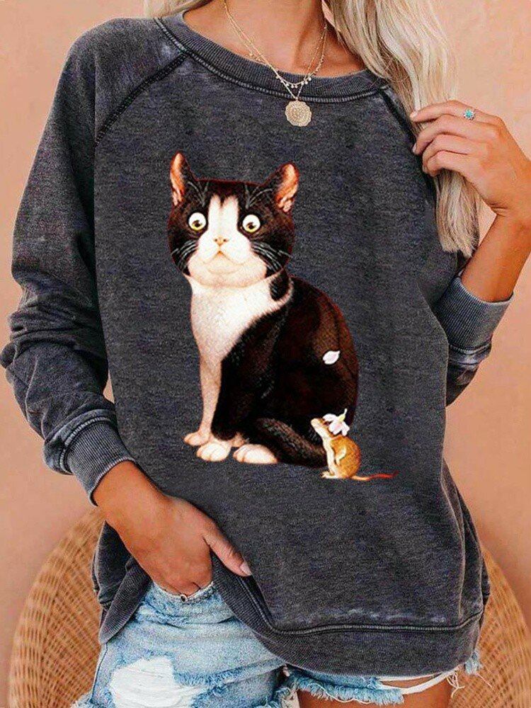 Kvinder Cute Cat Grafik Rundhalset Casual Raglan Sleeve Sweatshirts