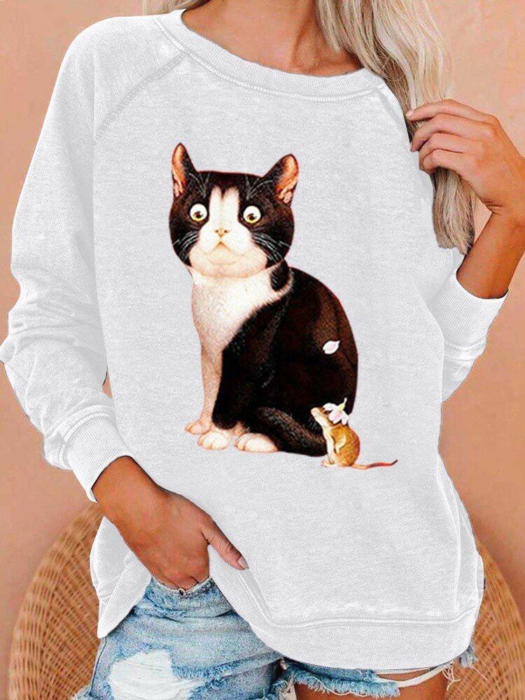 Kvinder Cute Cat Grafik Rundhalset Casual Raglan Sleeve Sweatshirts