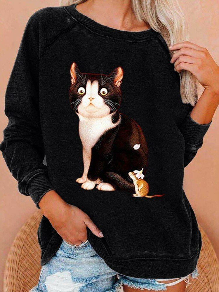 Kvinder Cute Cat Grafik Rundhalset Casual Raglan Sleeve Sweatshirts