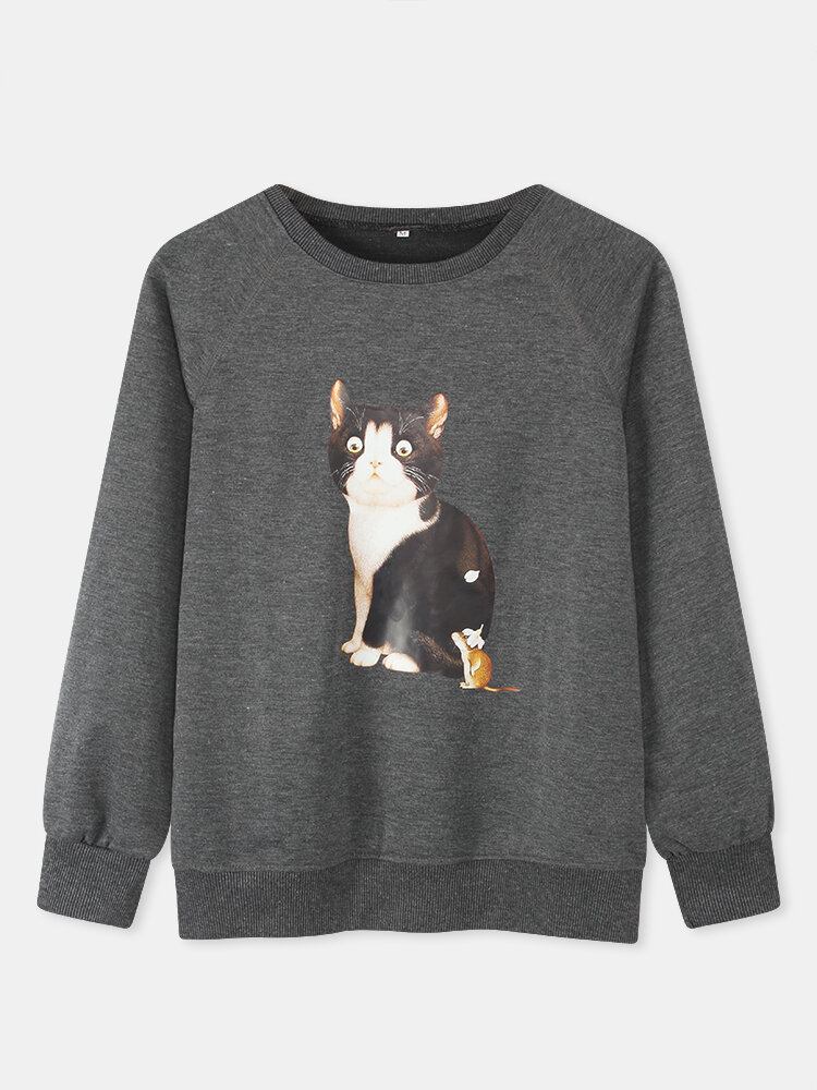 Kvinder Cute Cat Grafik Rundhalset Casual Raglan Sleeve Sweatshirts