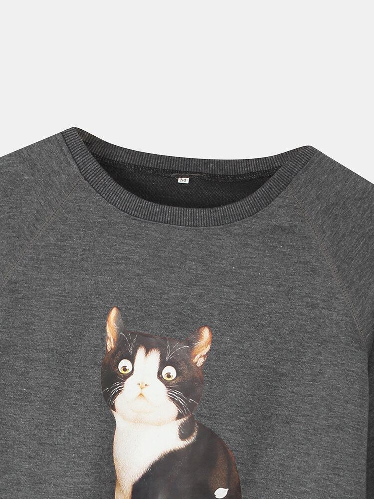 Kvinder Cute Cat Grafik Rundhalset Casual Raglan Sleeve Sweatshirts