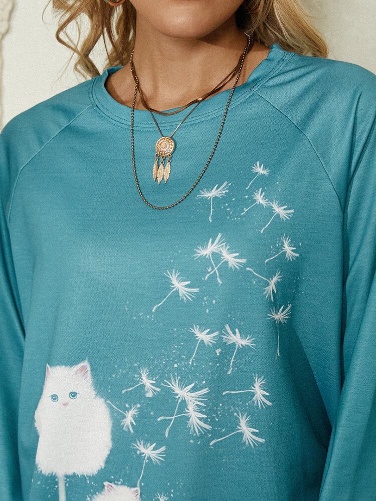 Kvinder Cute Cat Mælkebøtter Print Rundhals Langærmet Casual Sweatshirt