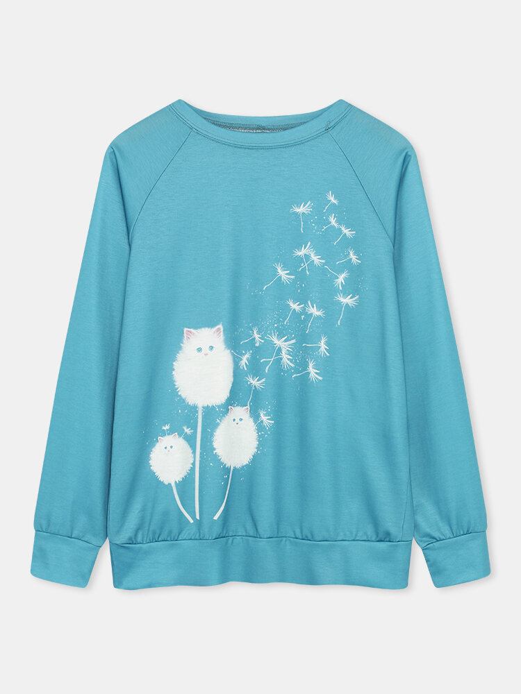 Kvinder Cute Cat Mælkebøtter Print Rundhals Langærmet Casual Sweatshirt