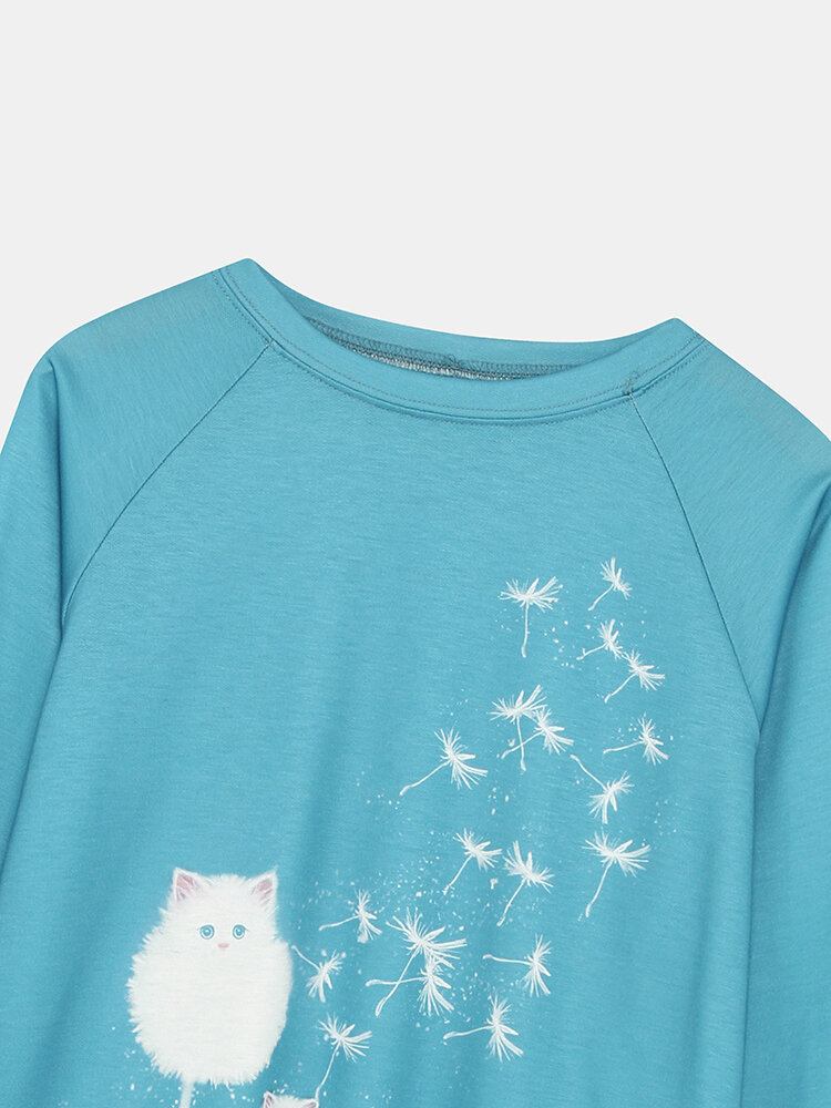 Kvinder Cute Cat Mælkebøtter Print Rundhals Langærmet Casual Sweatshirt