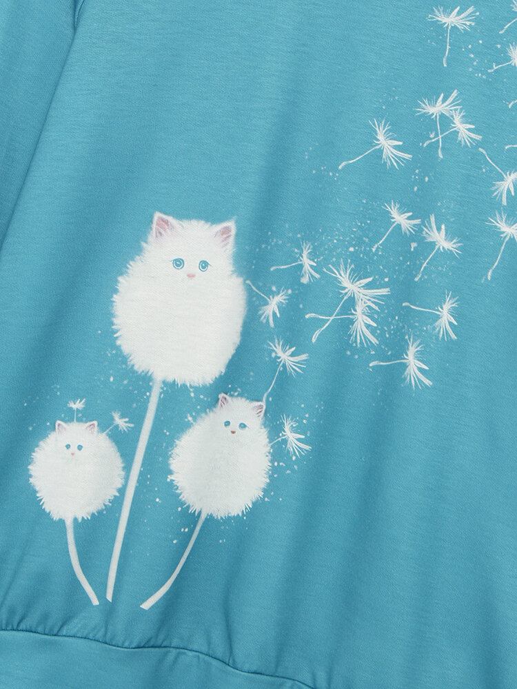 Kvinder Cute Cat Mælkebøtter Print Rundhals Langærmet Casual Sweatshirt